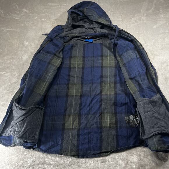 Kavu Jacket Mens Medium Blue Plaid Stripe Hooded Full Zip Cotton Flannel Shirt - Picture 10 of 12